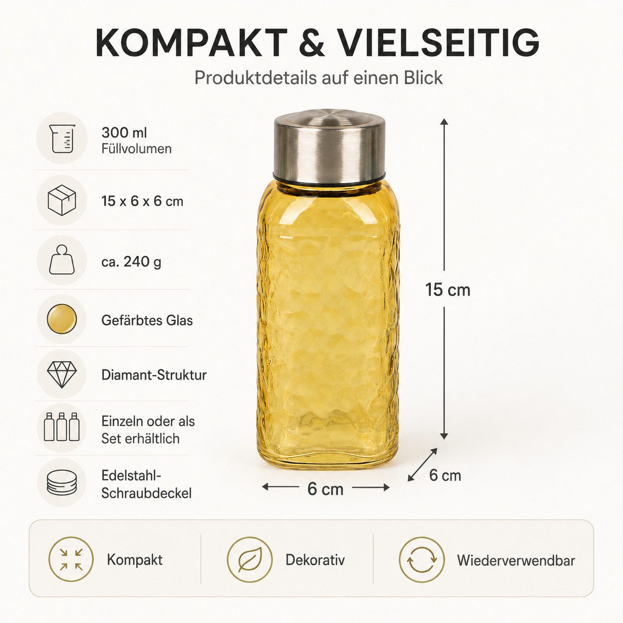 WestCraft Trinkflasche Vintage Glasflasche 300 ml, auslaufsicher – Pastelltöne, Wasserflasche für Smoothies, Shots, Saft & Meal Prep to go