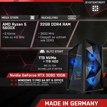 SYSTEMTREFF Gaming-PC (AMD Ryzen 5 5600X, GeForce RTX 3080, 32 GB RAM, 1000 GB HDD, 1000 GB SSD, Luftkühlung, Windows 11, WLAN)