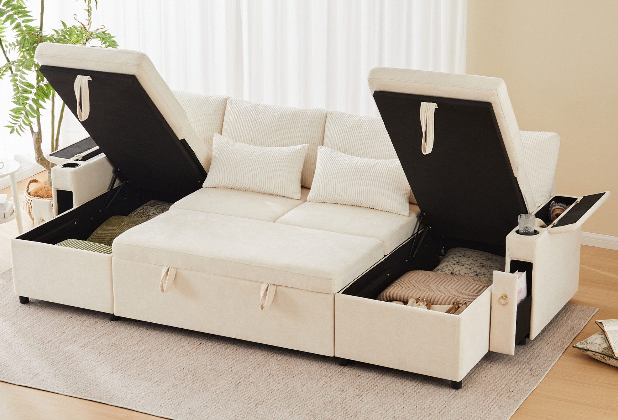 autolock 4-Sitzer Sofa Ecksofa Viersitziges U-förmiges Schlafsofa mit Stauraum, Couch, multifunktionales Schlafsofa mit Schlaffunktion Apartment Sofa