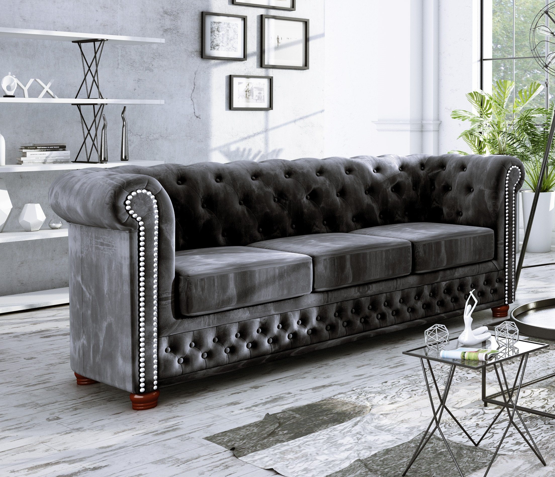 [Sonderverkauf] S-Style Möbel 3-Sitzer Leeds Chesterfield Sofa, Wellenfederung mit Schwarz
