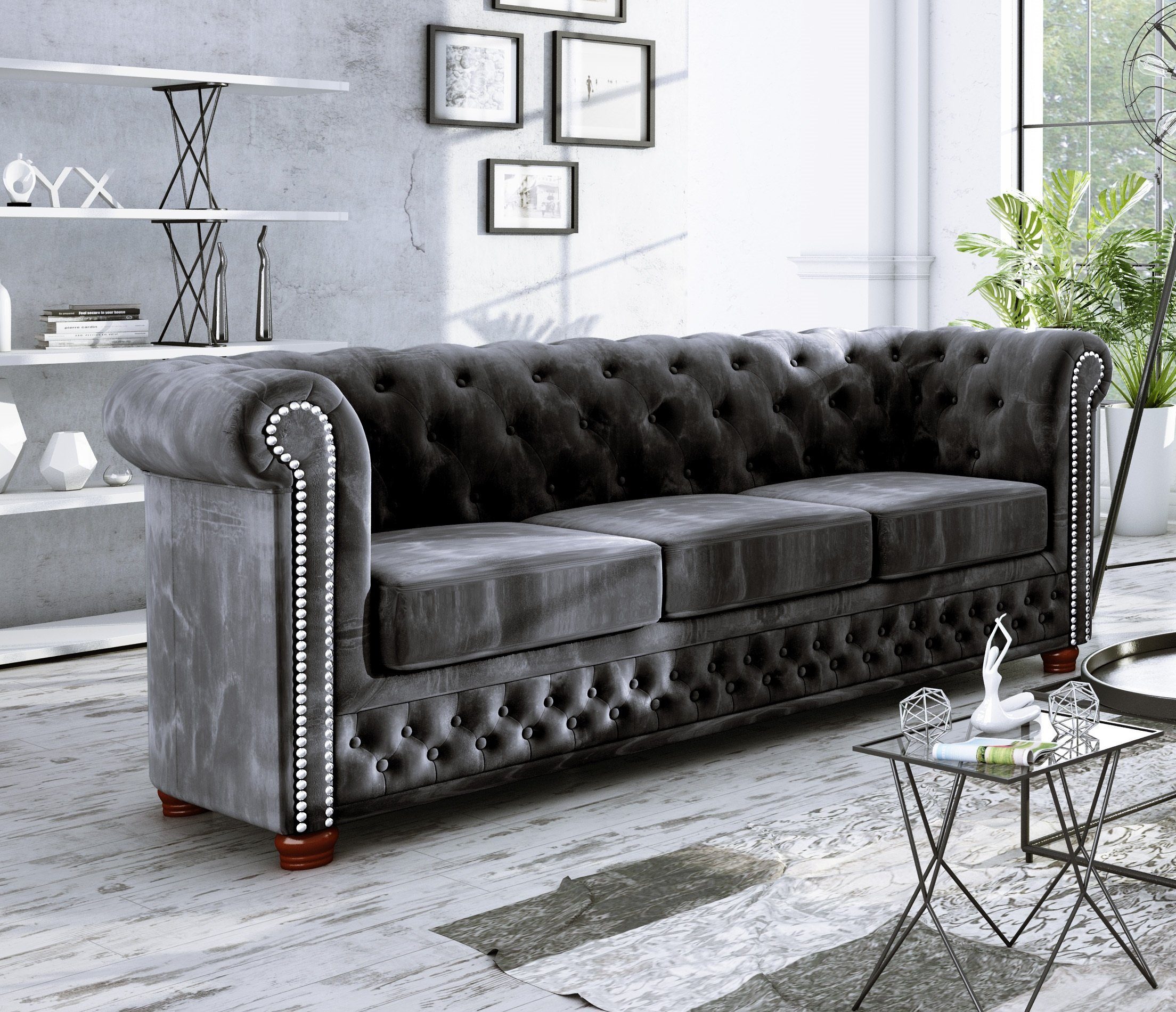 S-Style Möbel 3-Sitzer Leeds Chesterfield Sofa, mit Wellenfederung