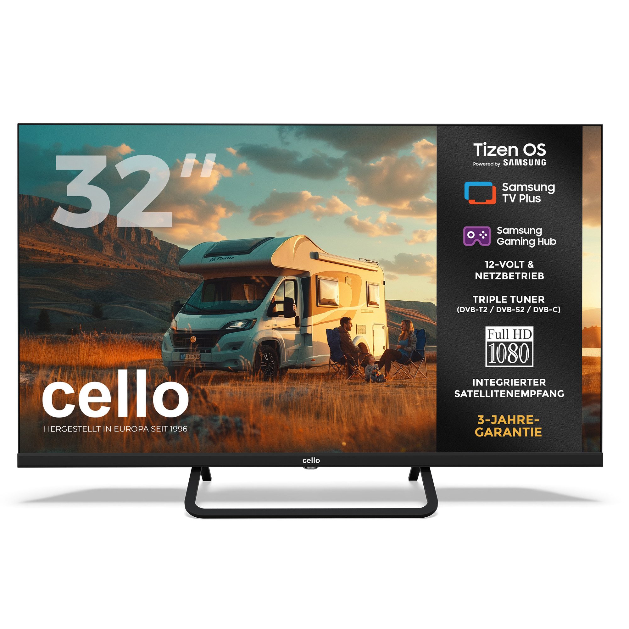 Cello CTrav-32TZ LED-Fernseher (81,28 cm/32 Zoll, Full HD, Streaming-Apps, LAN, WLAN, Smart-TV, Smart Tizen OS powered by Samsung, Triple Tuner, WLAN & Bluetooth)