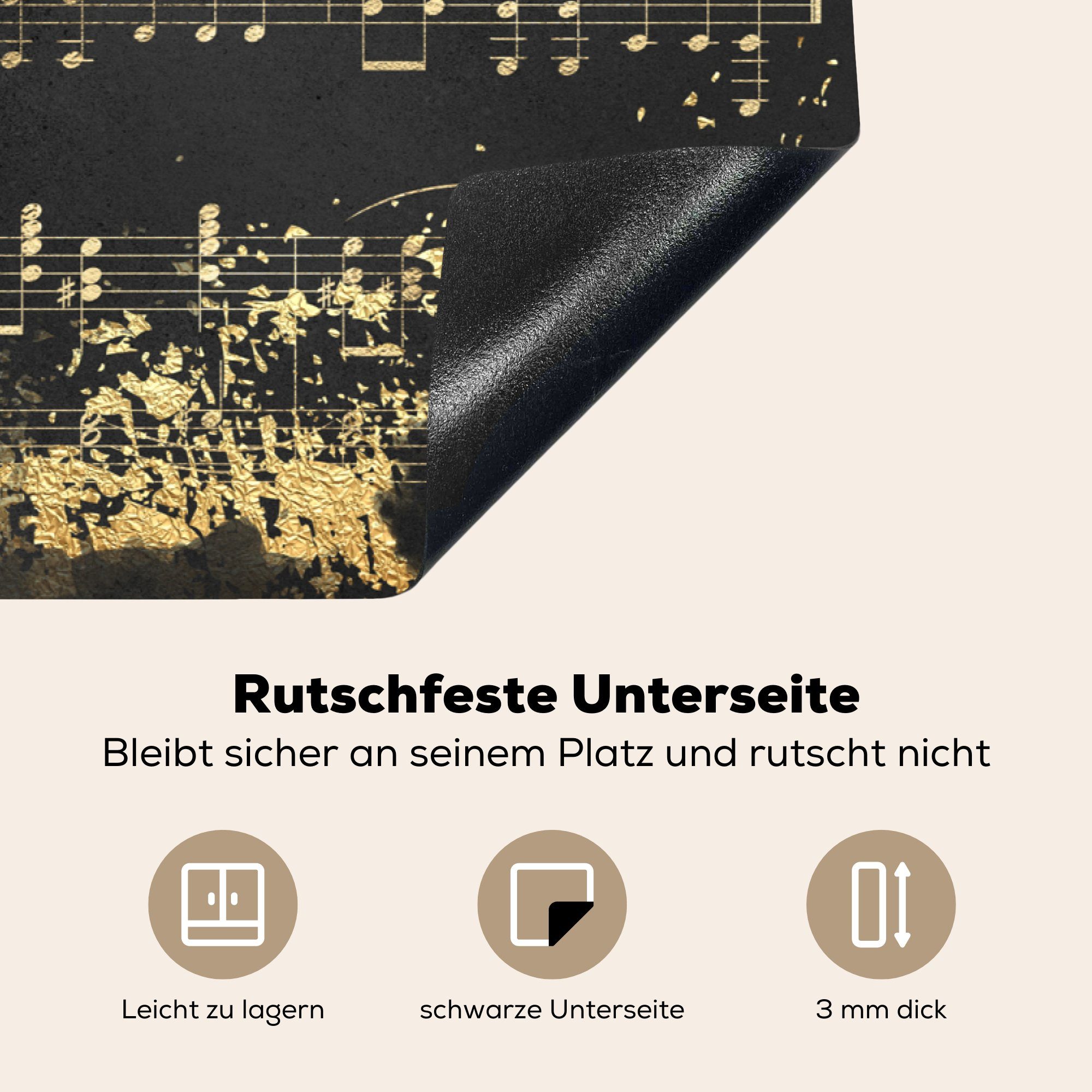 MuchoWow Herdblende-/Abdeckplatte Musik küche, Vinyl, Schwarz, tlg), Ceranfeldabdeckung cm, Induktionskochfeld - Gold für (1 die Schutz - 81x52