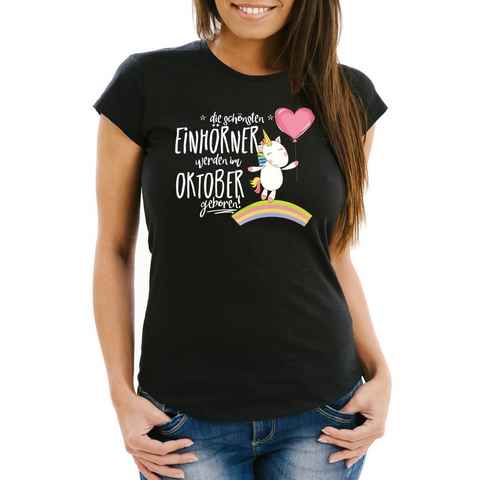 MoonWorks Print-Shirt Damen T-Shirt die schönsten Einhörner werden im Oktober geboren Slim Fit Geschenk Geburtstag Moonworks® mit Print