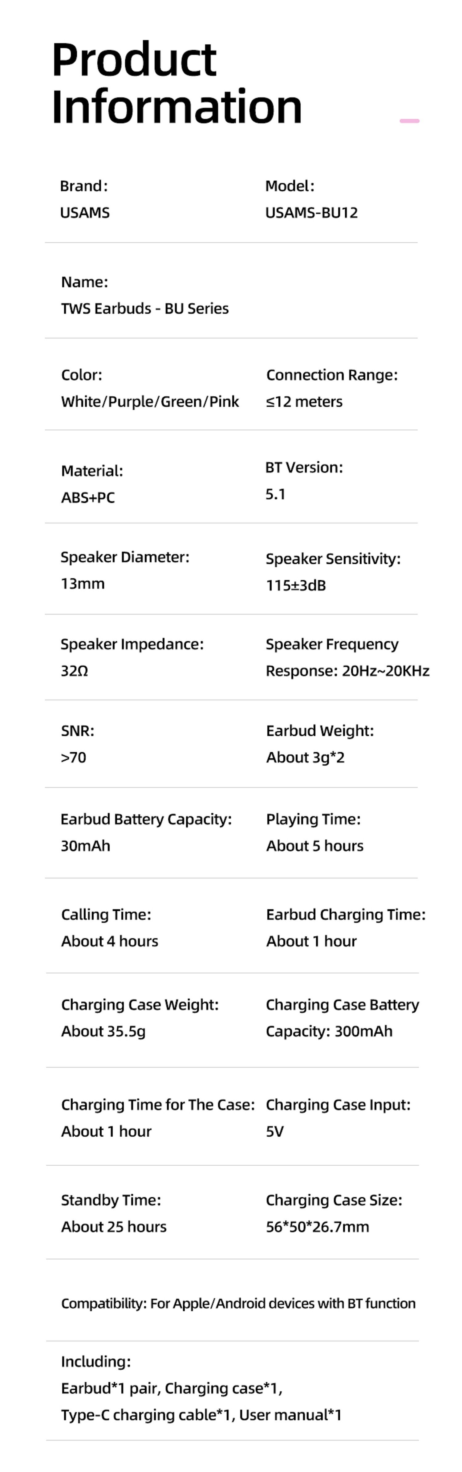 Mikrofon Ladebox Smartphome, TWS Apple, BT Bluetooth-Kopfhörer USAMS Huawei, Touch usw) Control, für mit BU12 5.1, (Bluetooth Ohrhörer LG Kabellos Samsung, 5.1 In-Ear Rosa Bluetooth,