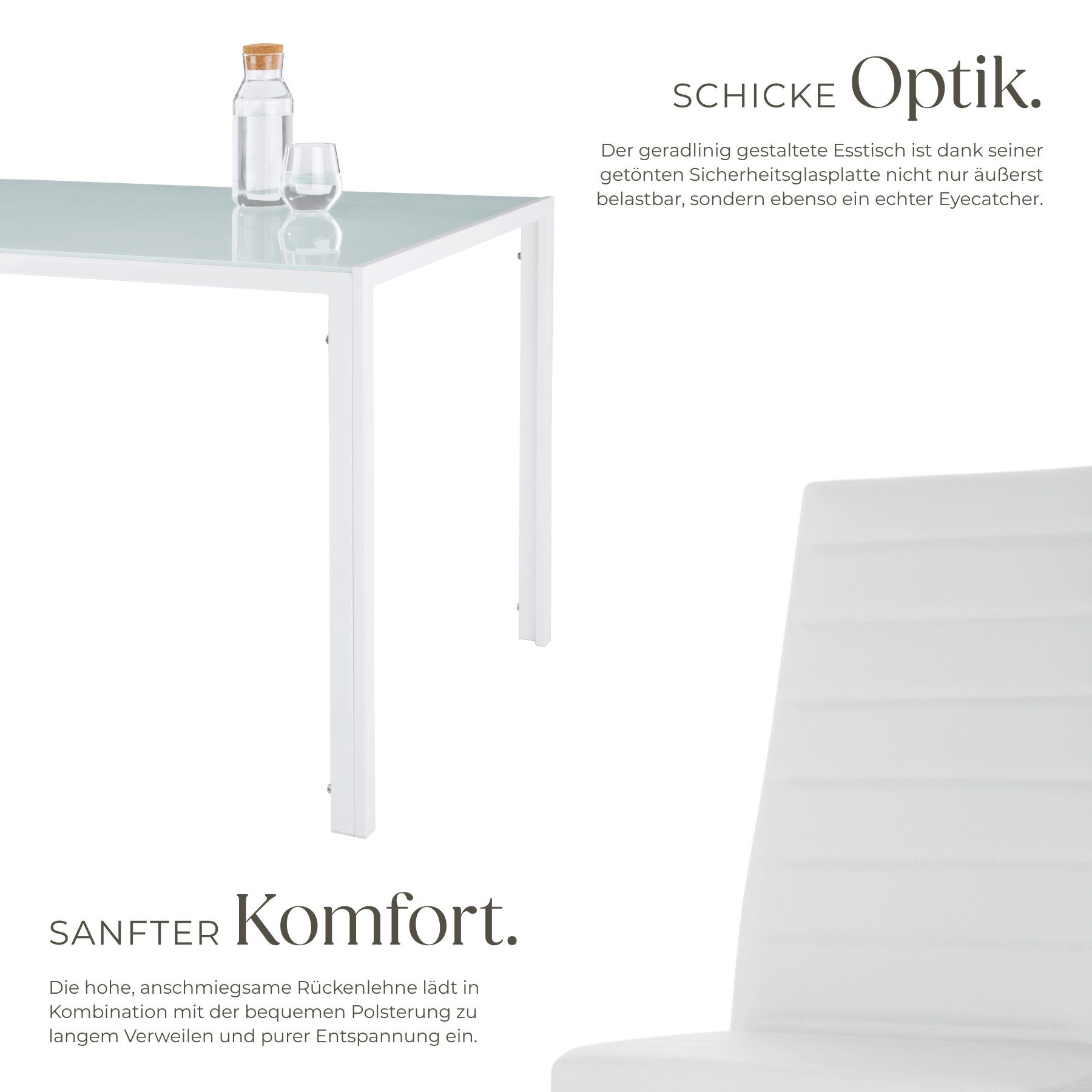 tectake Sitzgruppe Essgruppe aus Stahl, 7-teilig, bodenschonende Kunststoffkappen, (Loungeset Brandenburg, 7-tlg., in Weiß/Weiß), Esstisch mit 6 Stühlen, gepolstert mit Kunstlederbezug