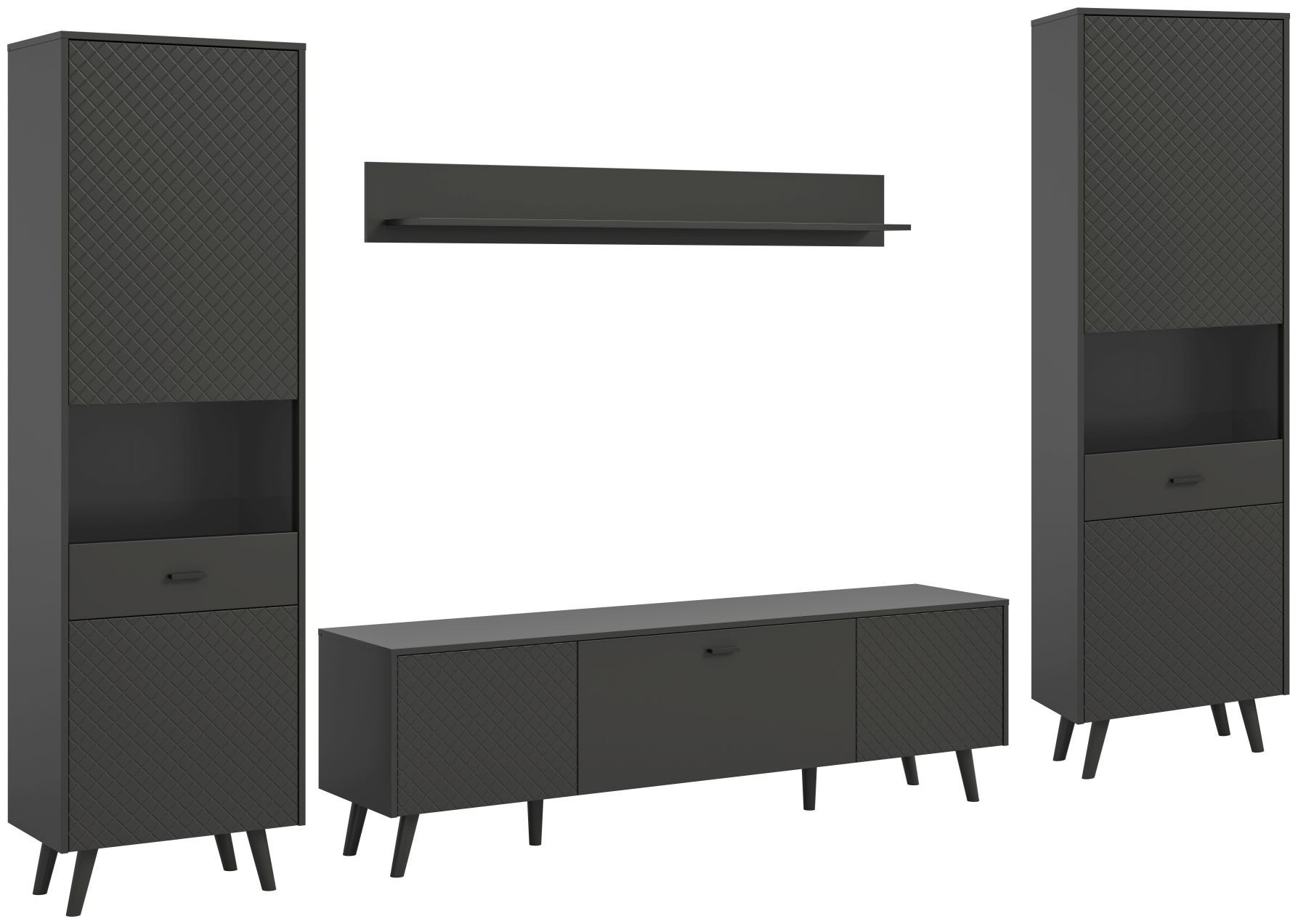 xonox.home Wohnwand Wohnkombination Linea, (4tlg. Set bestehend aus 2x Vitrine, Lowboard, Wandboard), Grau Matt Push To Open Melamin Modern 331x195x40 cm