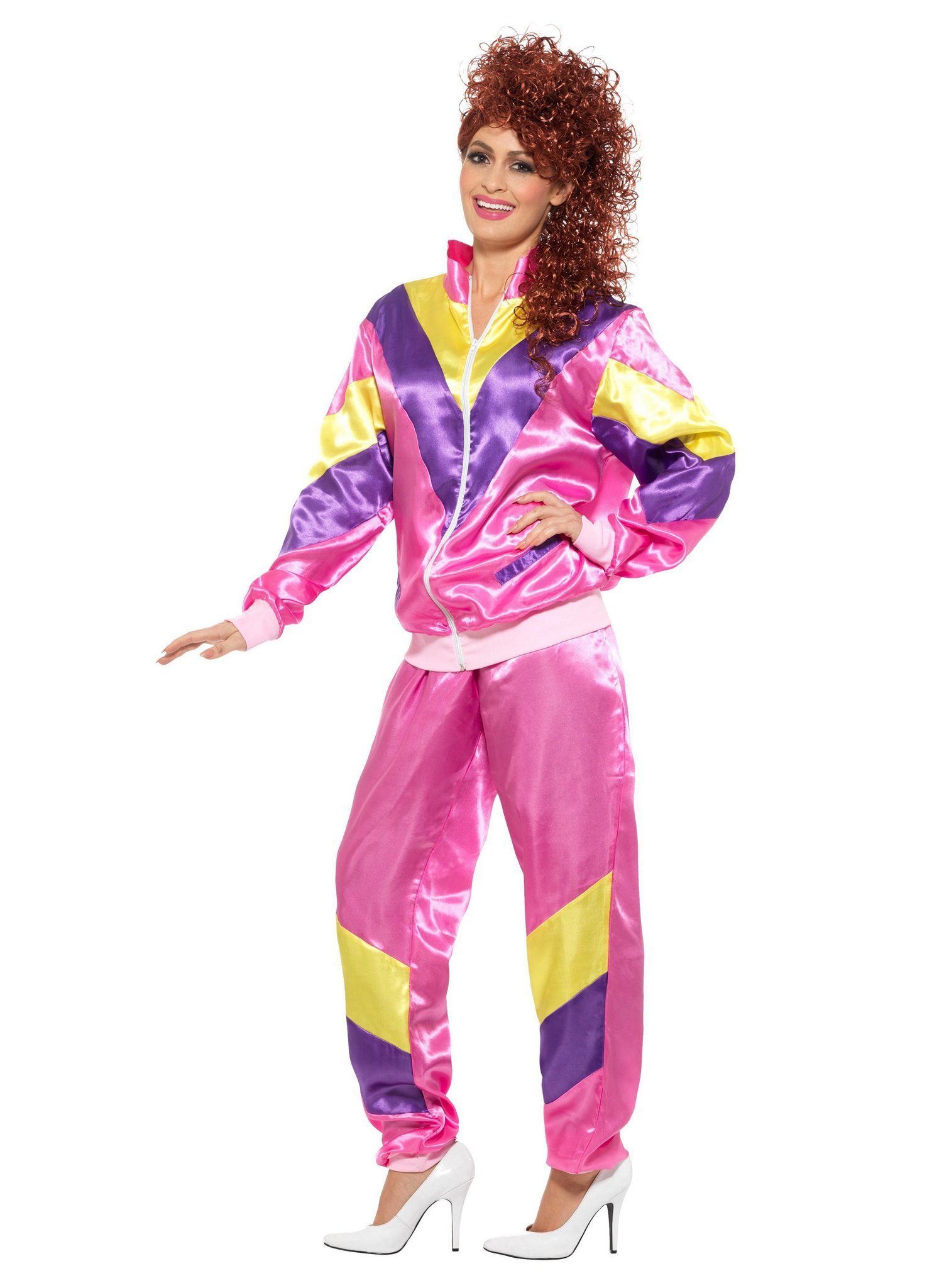 Smiffys Kostüm 80er Jahre Trainingsanzug rosa-lila, 80er Jahre Outfit in feinstem Neon-Zwirn