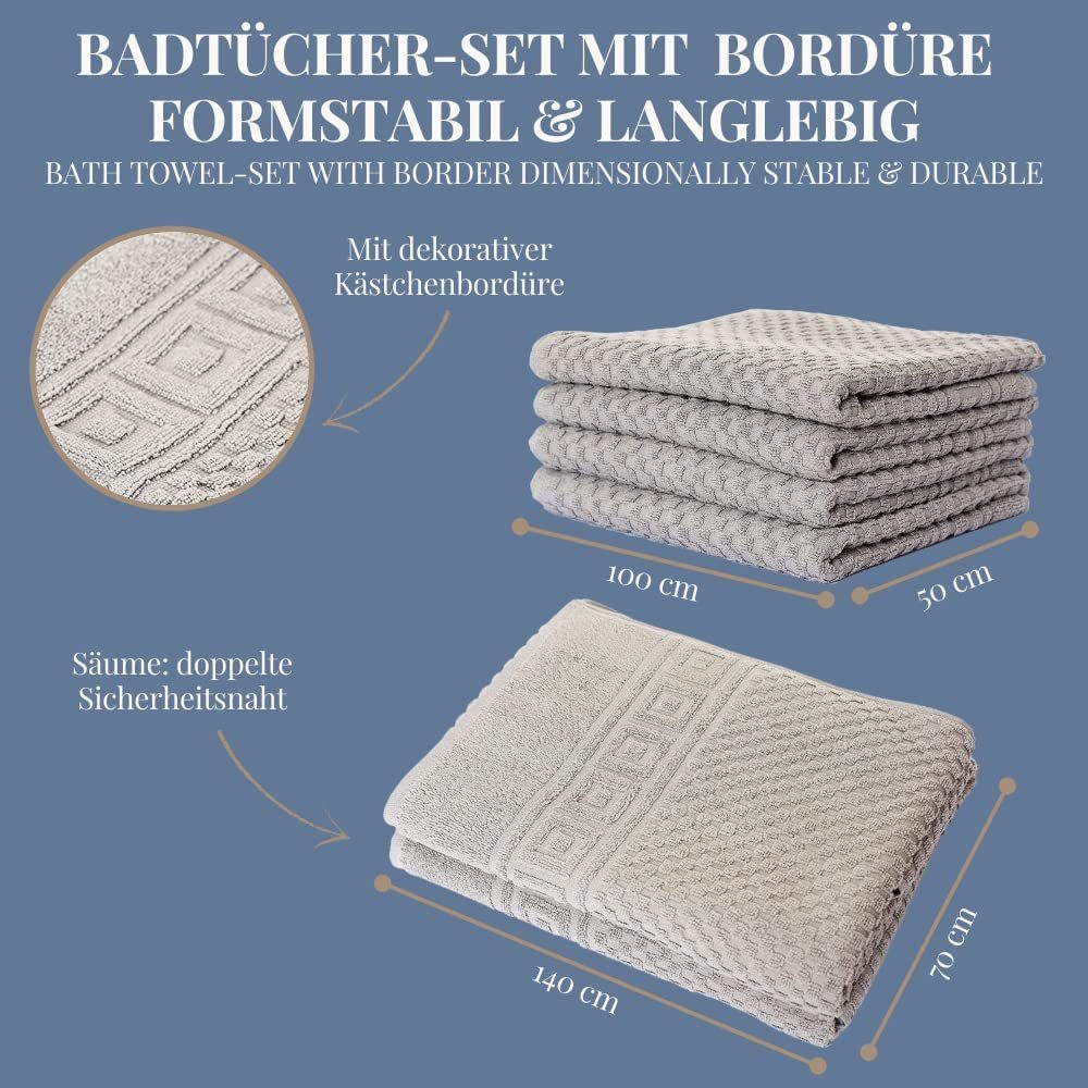 Carenesse Handtuch Baumwolle, Handtuch, Set I saugstark & Duschtuch, 4x & Handtücher Set, 2x 2x Frottee Bordüre Badvorleger fusselfrei 8-tlg. Waffelmuster grau