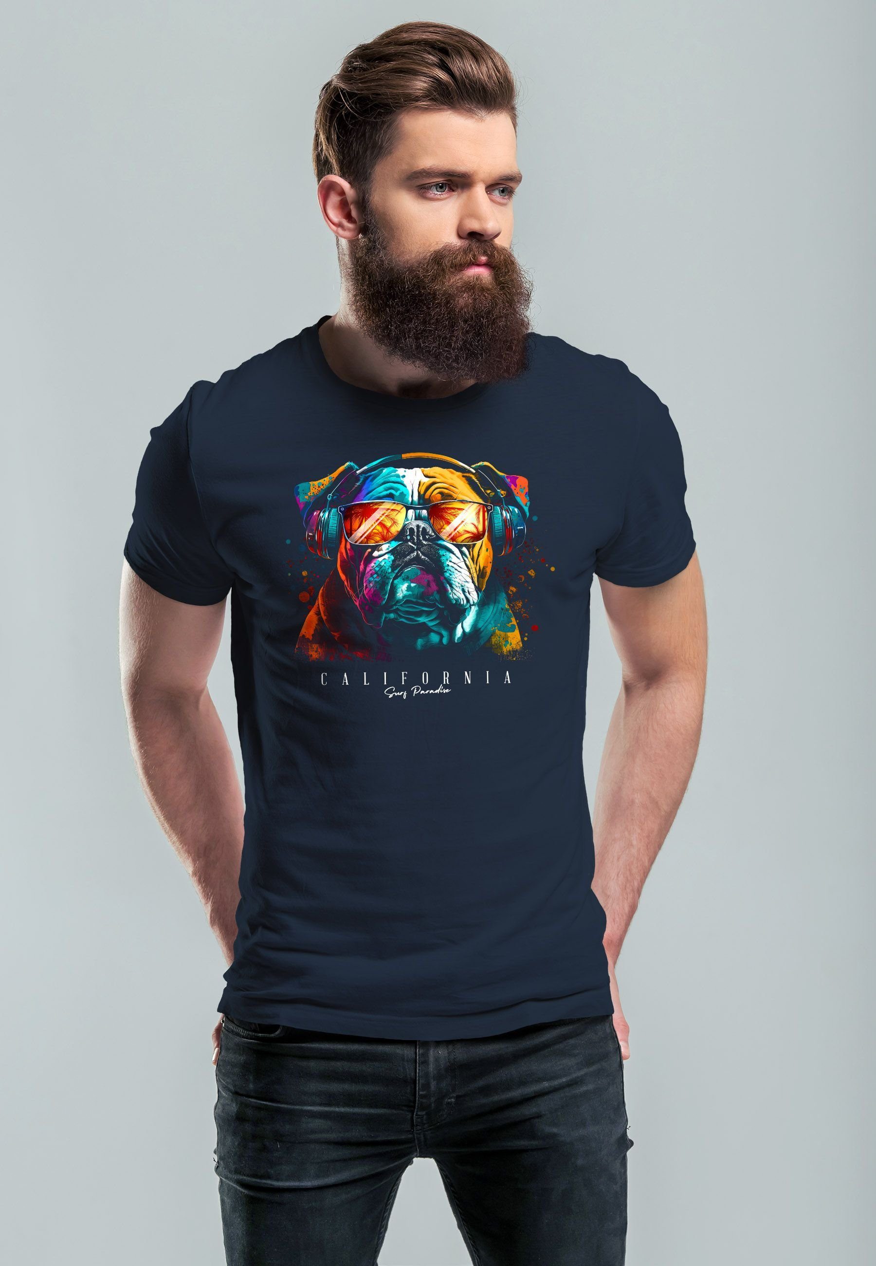 DJ mit A navy Neverless Herren Fashion Musik Print-Shirt Bulldog Print Motiv California Kunst Print T-Shirt