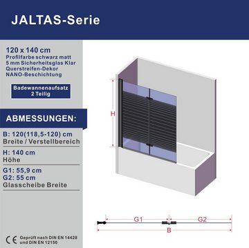 AQUALAVOS Badewannenaufsatz Badewannenfaltwand 120x140 cm 2 Teilig Duschtrennwand für Badewanne, 5 mm Einscheiben-Sicherheitsglas (ESG) mit Nano einfach-Reinigung Beschichtung, schwarz Dekor Barcode, Faltbar und schwenkbar 180°