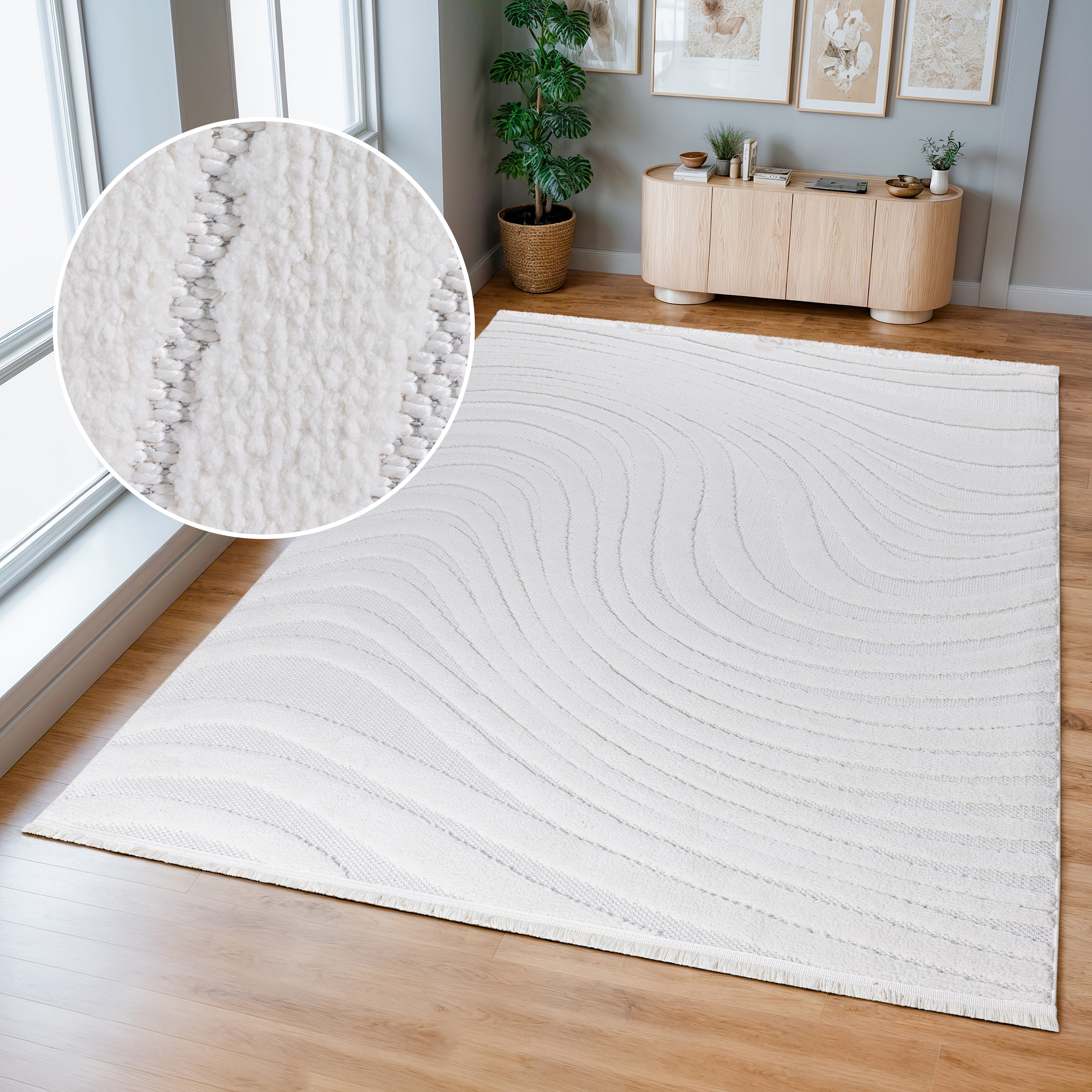 OTTO home Teppich Samelia mit Fransen, Wellendesign, Balkon, Camping, rechteckig, Höhe: 6 mm, Hoch-Tief-Struktur, In- und Outdoor geeignet für Küche oder Esszimmer