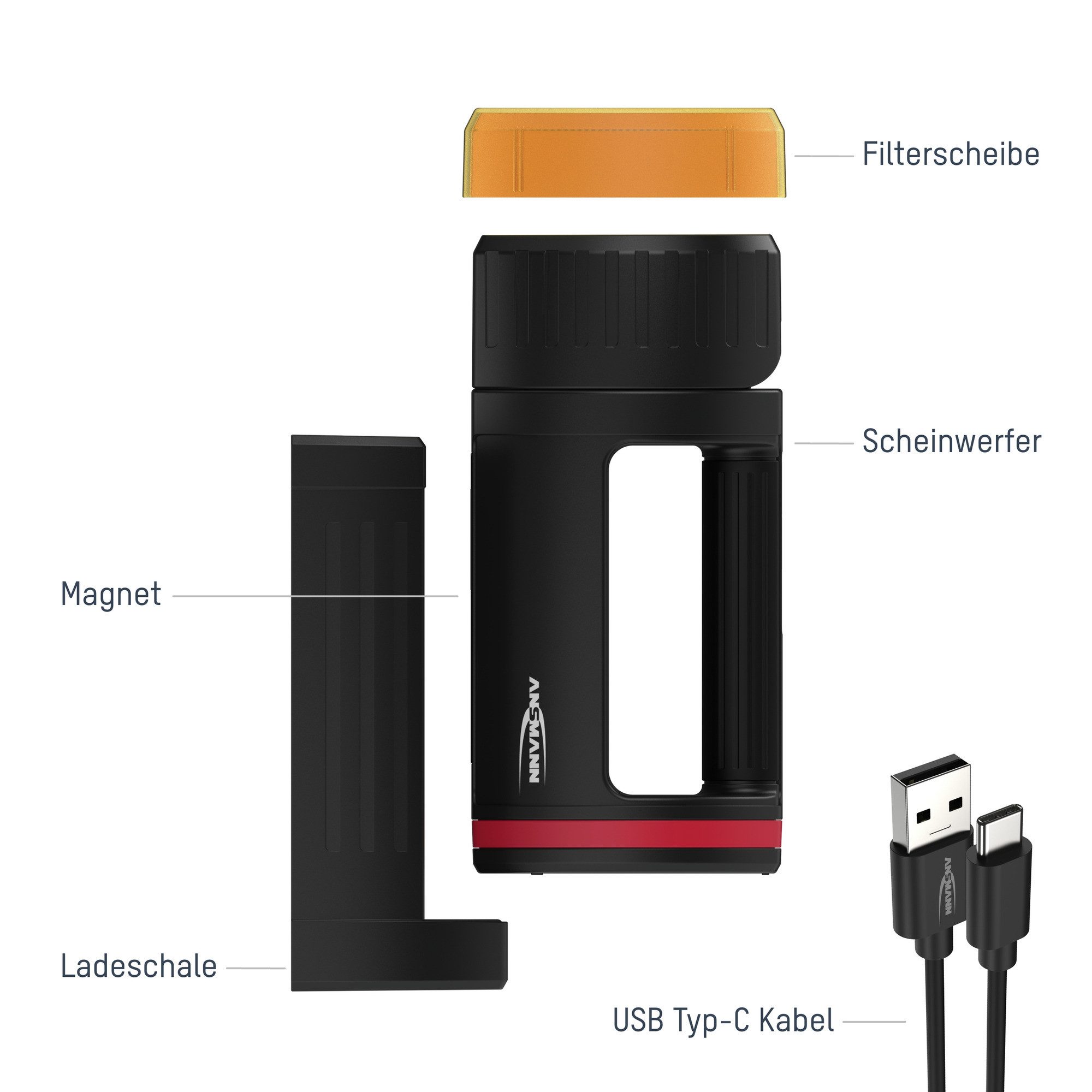 ANSMANN AG LED Scheinwerfer LED Handscheinwerfer Akku 10400mAh ladbar via Micro USB & Ladeschale, 10W CREE LED