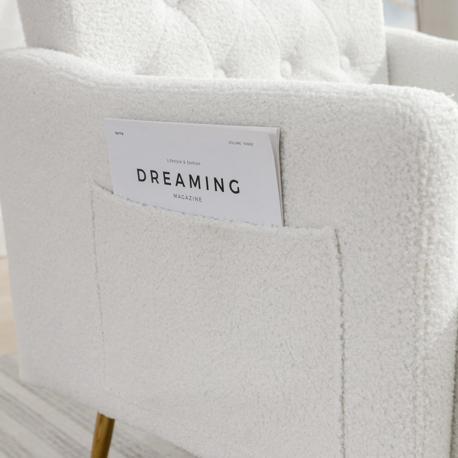 Celya Seitentaschen,gepolsterter Sofastuhl,lässiger Weiß Relaxsessel Sessel mit Sessel