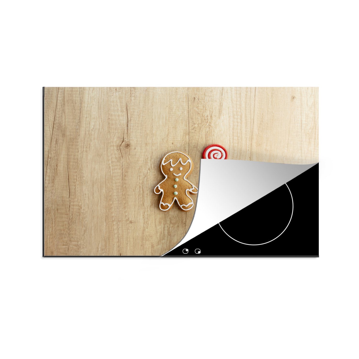 MuchoWow Herdblende-/Abdeckplatte Lebkuchenmann mit Lutscher, Vinyl, (1 tlg), 81x52 cm, Induktionskochfeld Schutz für die küche, Ceranfeldabdeckung