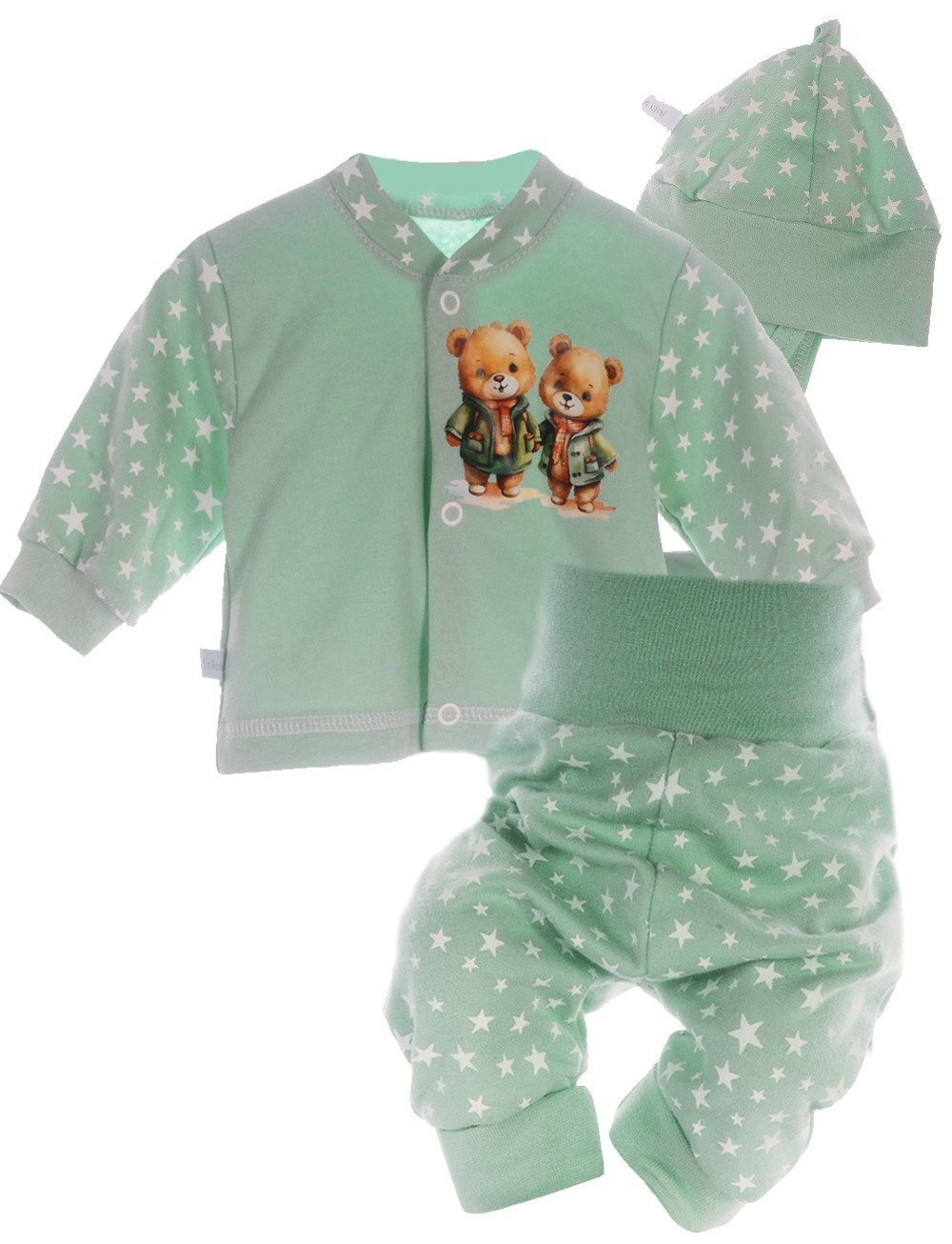 La Bortini Langarmshirt & Hose Baby Anzug Hemdchen Schlupfhose Mütze Set mit Bärchen Aufdruck aus Baumwolle, mit Sternen oder Punkten Muster und Bären Aufdruck