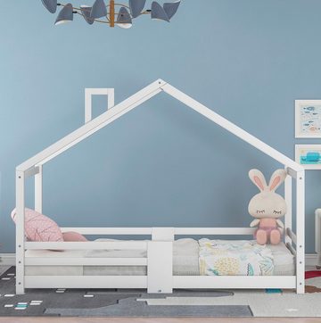 SOFTWEARY Kinderbett Hausbett mit Lattenrost (90x200 cm), Einzelbett mit Rausfallschutz, Kiefer