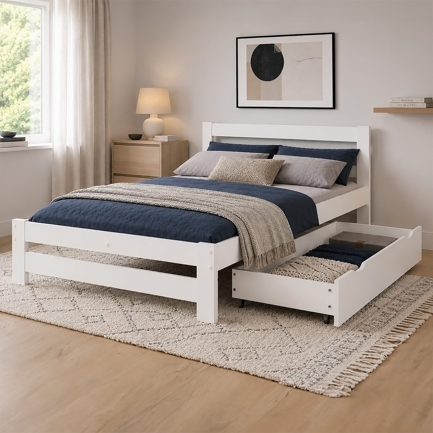 Homestyle4u Holzbett 140x200 mit Lattenrost Doppelbett Weiß Holz mit Kopfteil (Set, mit Lattenrost, mit Bettkasten / Schublade), mit Stauraum (1x Bettkasten/Schublade), Stauraumbett