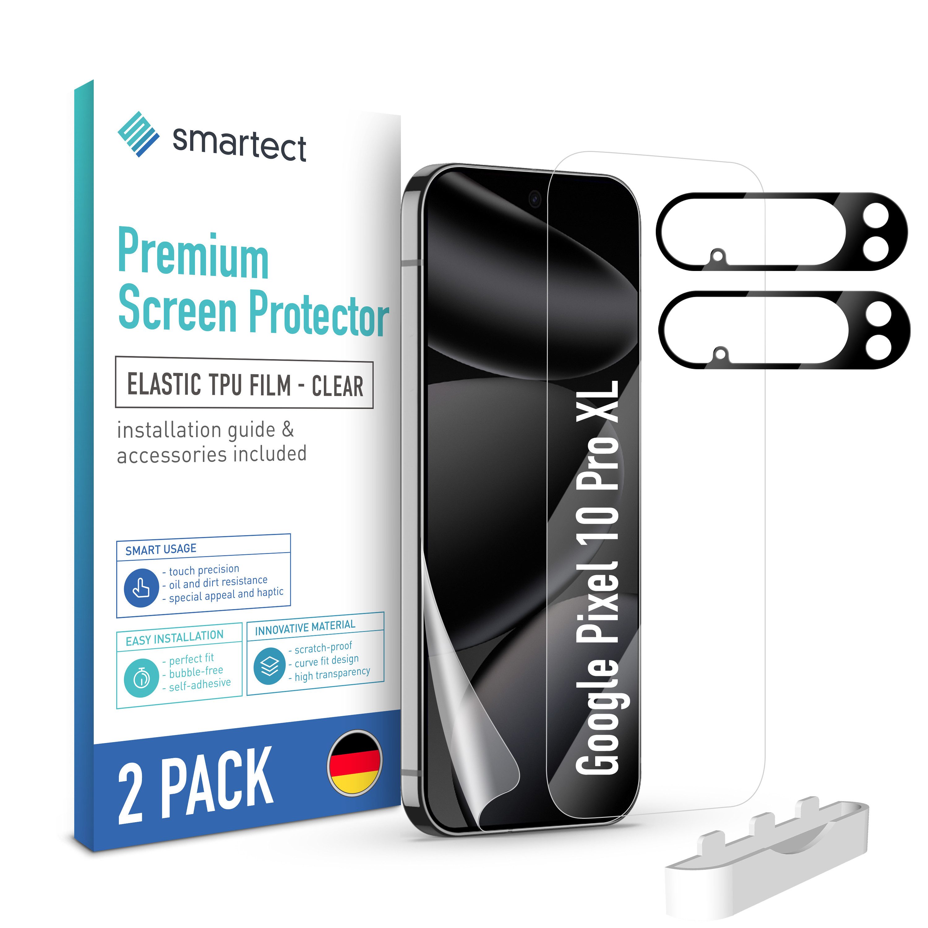 smartect Displayschutzfolie TPU Schutzfolie Klar 2 + 2 Stück für Google Pixel 10 Pro XL für Google Pixel 10 Pro XL, Set, 2 Stück, Display + Kamera, Ultra-klar, Kratzfest, Blasenfrei, Oleophob