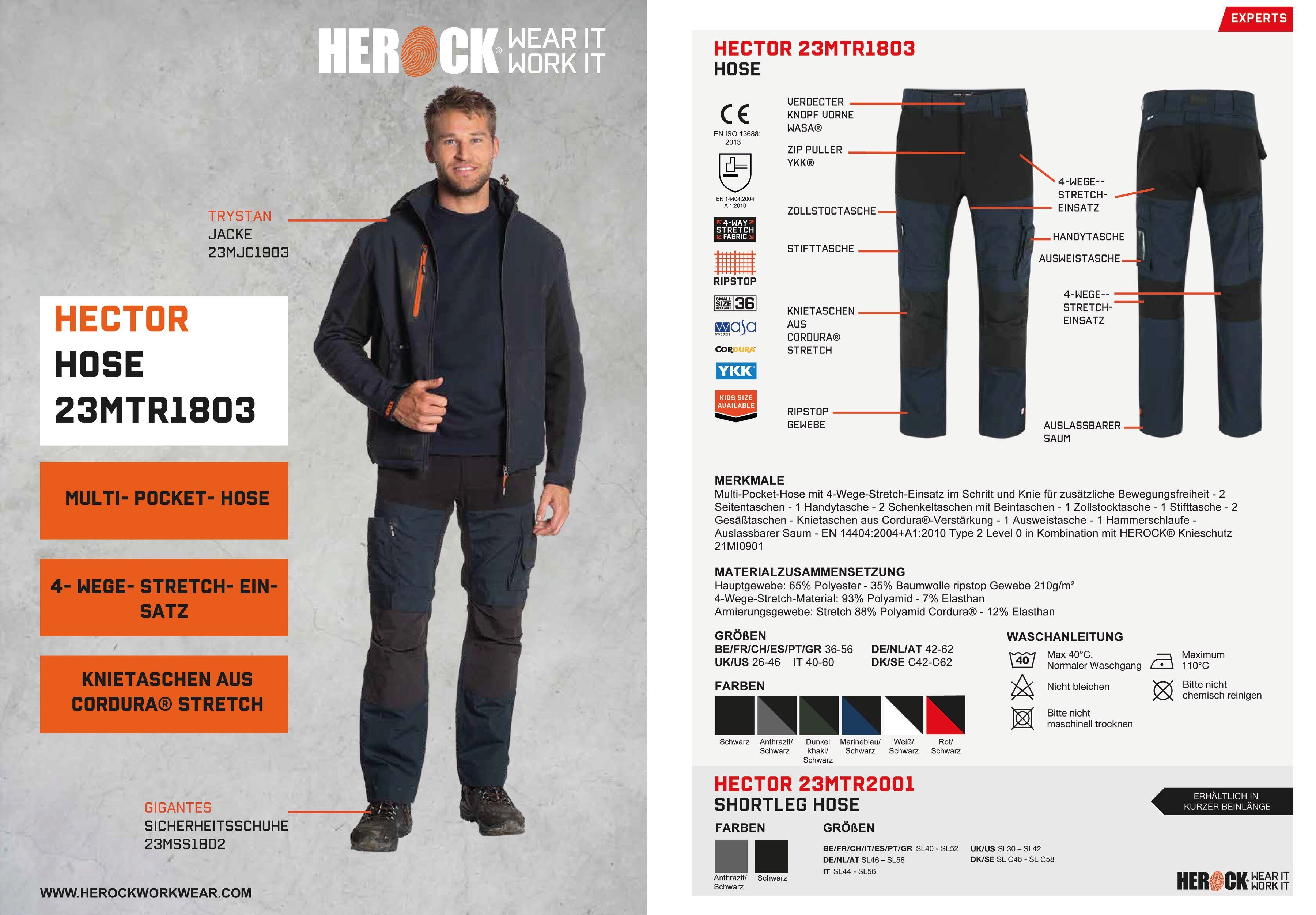 Herock Knopf, Hector Multi-Pocket, verstärkte verdeckter Arbeitshose Hoses Knietaschen marine 4-Wege-Stretch,