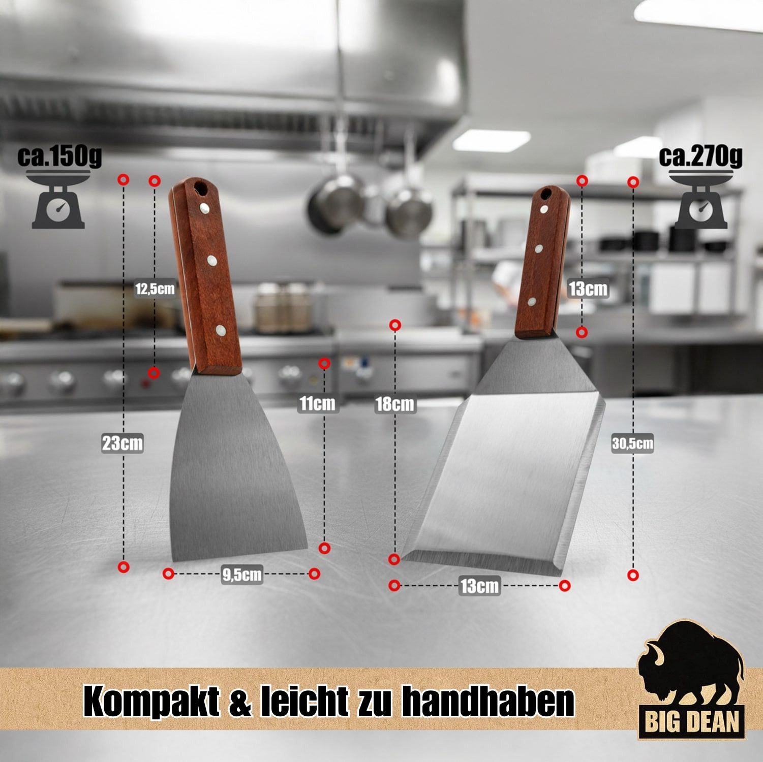 BigDean Grillspachtel 2er Set Grillspachtel Edelstahl + Holfgriffe, Spachtelset Für Grillspaß aus Edelstahl