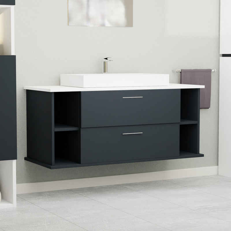 GARLIVO Waschbeckenunterschrank GLA-120 mit Schubladen, Badezimmer Waschtischunterschrank, Schwarz Breite 120 cm, Soft-Close, Push-to-Open/ Tip-On, Hängend