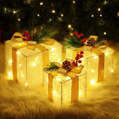 Elegear LED Dekolicht 3er Set 60LED Geschenkbox, Weihnachtsdeko mit Lichterkette, 8 Modi, LED wechselbar, Tageslichtweiß, Warmweiß, Kaltweiß, mit Bändern