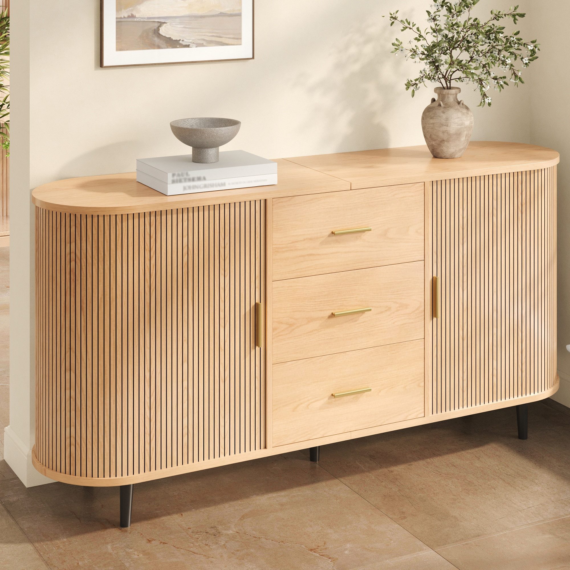 Merax Sideboard mit 2 Schiebetüren, 3 Schubladen & Metallgriffen (Wohnzimmerschrank Aufbewahrungsschrank Buffet, 1 St., 160 L x 40 B x 80,5 H cm), Kommode mit vertikaler Rillenstruktur, gebogenem Design,Eisenrohrfüßen