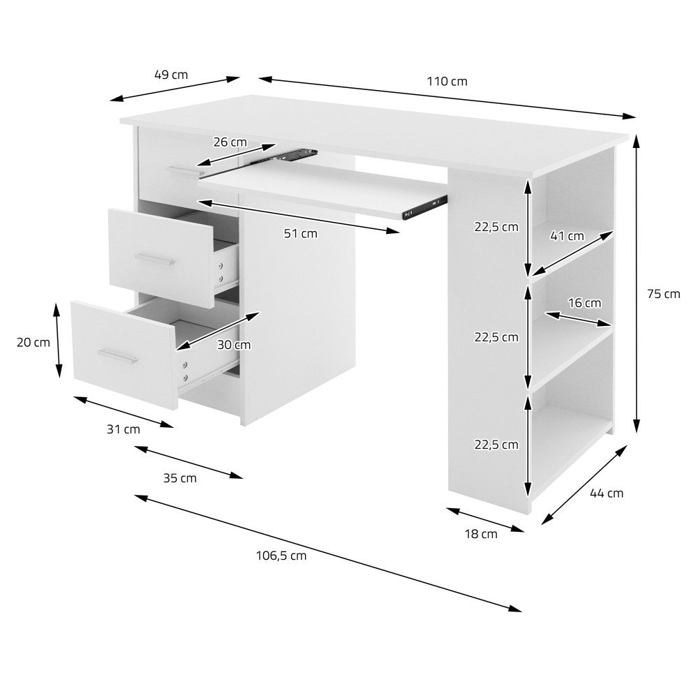 ML-DESIGN Schreibtisch Bürotisch mit 3 Schubladen, 3 Regale und Tastaturauszug Computertisch, Homeoffice Büromöbel Arbeitstisch Laptoptisch PC Tisch viel Staura – Bild 4 von 5