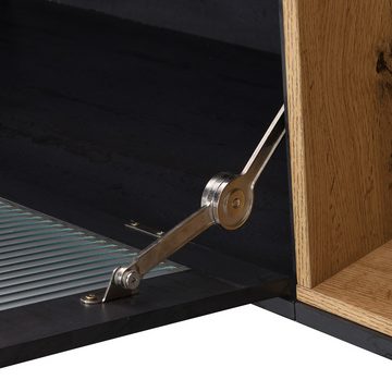 IDEASY TV-Schrank Schließfach, 200x40x55,5 cm, dunkles Holz, (grau und Holzmaserung, für einen 90-Zoll-Fernseher geeignet) Vitrinentüren, Kabelkanäle, offene Ablagefächer
