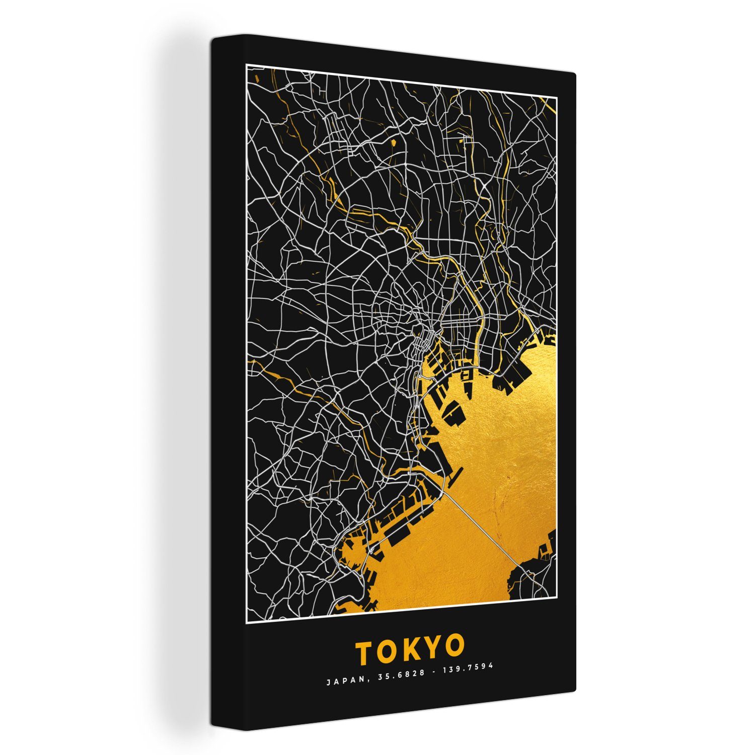 OneMillionCanvasses® Leinwandbild Tokio - Stadtplan - Gold - Karte, (1 St), Leinwandbild fertig bespannt inkl. Zackenaufhänger, Gemälde, 20x30 cm