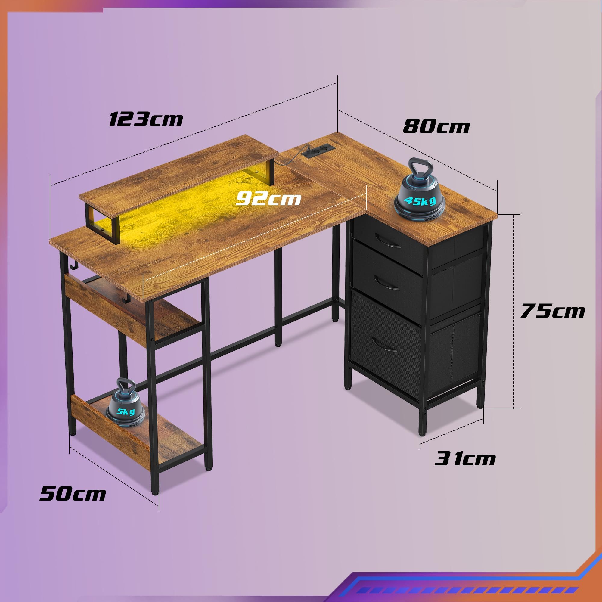 DEVAISE Computertisch Gamingtisch 111/120/140 x 80 cm Computertisch, L-förmiger Schreibtisch (Packung, Tablett mit Ständer), Computertisch mit LED, 2 USB und 2 AC-Steckdosen, für Büro