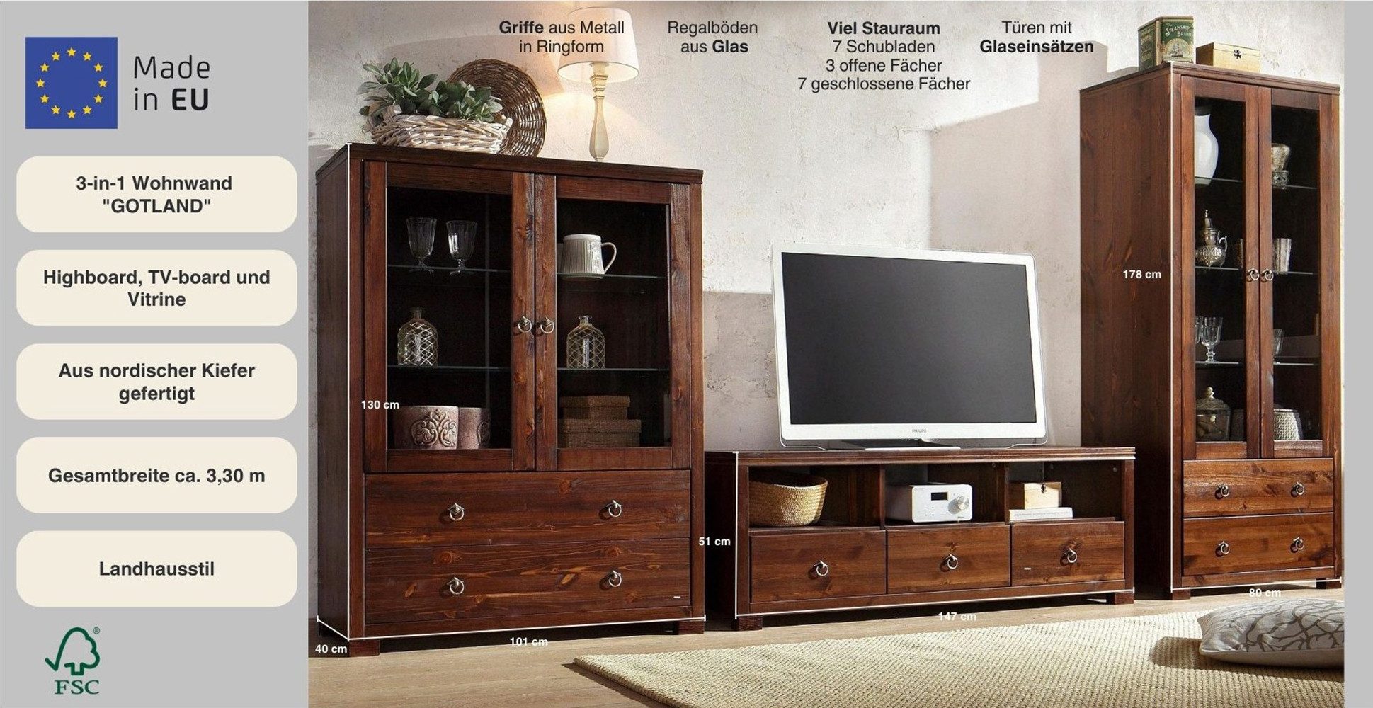 OTTO home Wohnwand Gotland, (Set, 3-St), bestehend aus 1 Highboard, 1 TV-Lowboard und 1 Vitrine