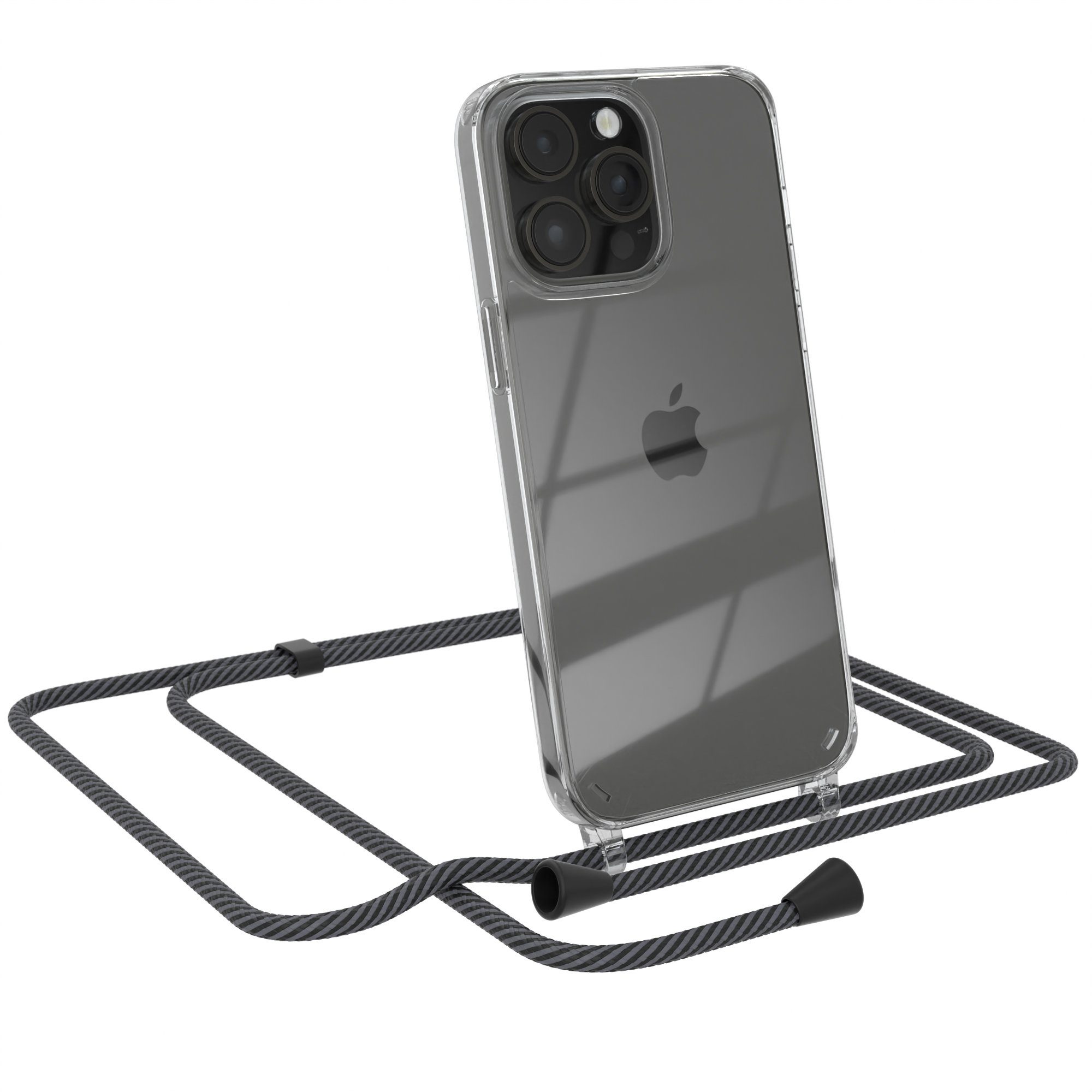 EAZY CASE Handykette Clips Schwarz für Apple iPhone 14 Pro Max 6,7 Zoll, Handykette mit Schnur Cross Bag für Mann Frau Festivalbag Grau Schwarz