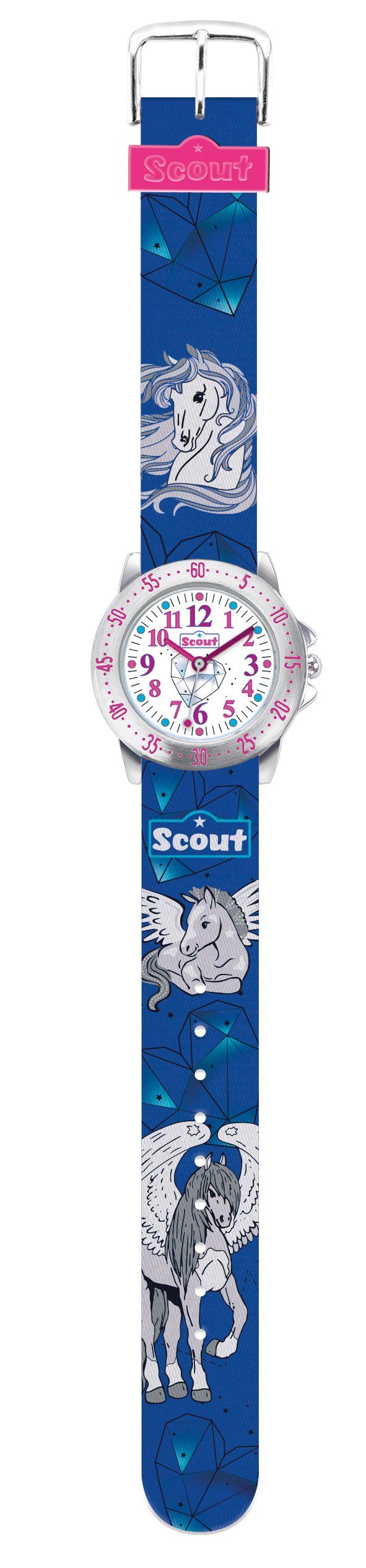 Scout Quarzuhr Kinder Ambanduhr Action Girls Pegasus 280378018, Armband:  Textilarmband blau mit Pegasus (ca. 16 mm)