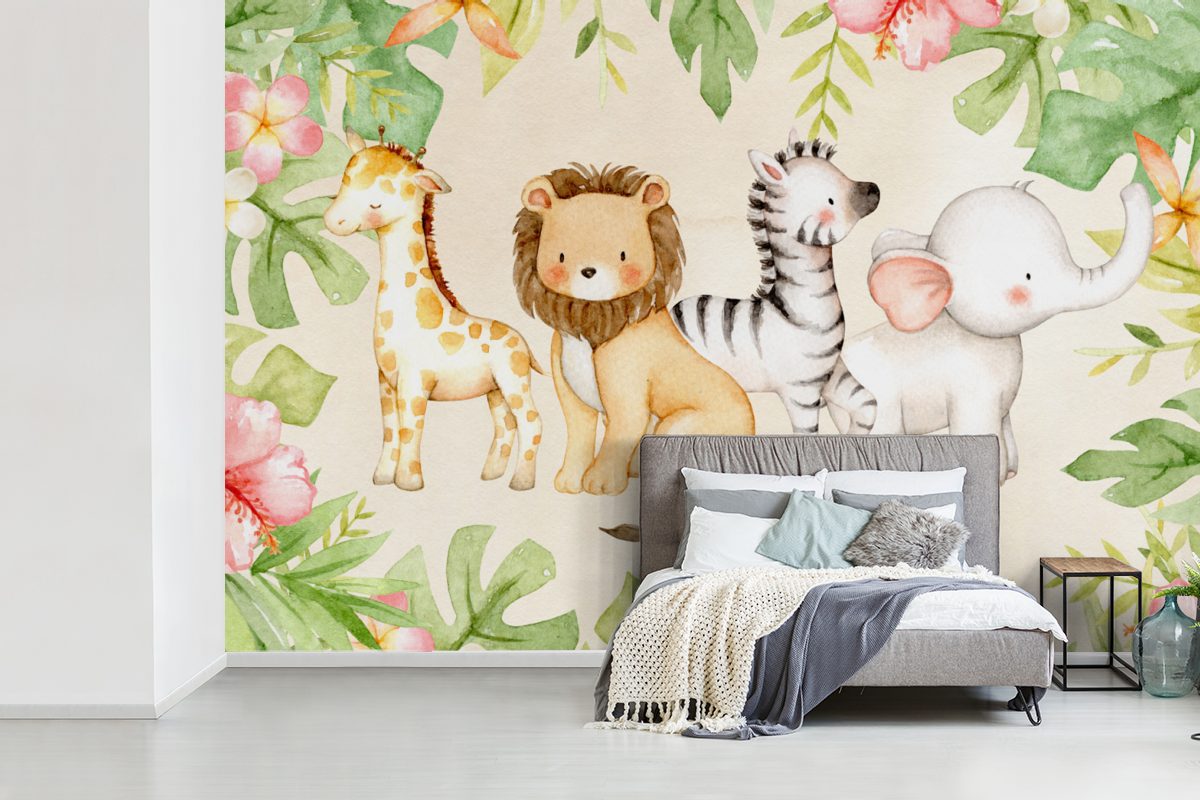 Vinyl Wallpaper Fototapete Pflanzen, bedruckt, - Tiere Tapete St), Dschungel Kinderzimmer, (6 für Blumen MuchoWow - - Wohnzimmer, Schlafzimmer, Matt,