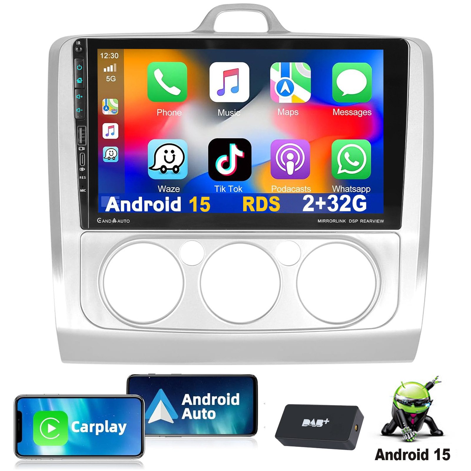 ESSGOO DAB+ 4+64G Carplay Android 15 Für Ford Focus MK2 MK II 2004-2011 Autoradio (RDS, 4+64GB(optional), Digitalradio (DAB), FM, AM, Carplay Android Auto Bluetooth EQ USB GPS Navi WIFI IPS Touchscreen)