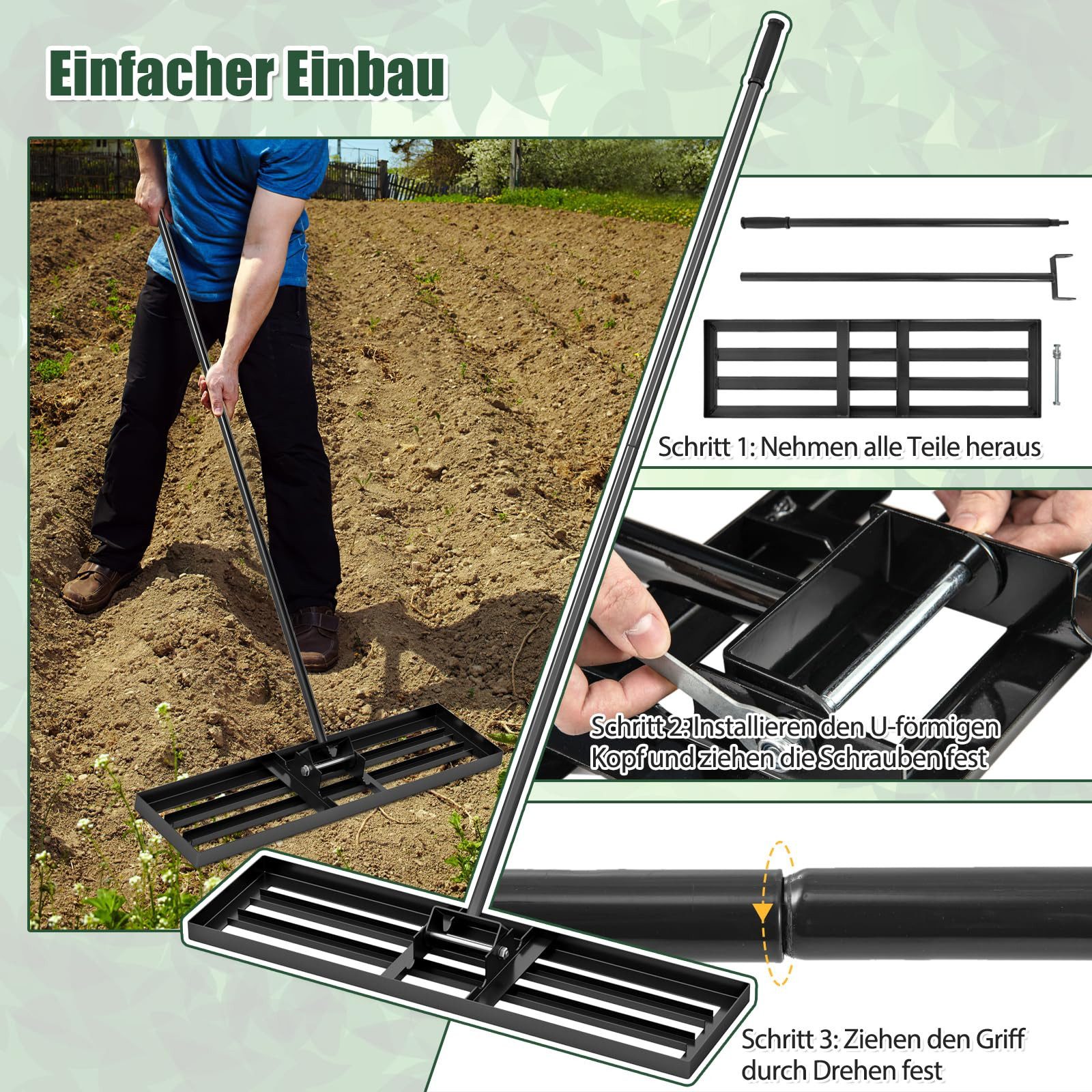 COSTWAY Rasenrechen, mit 170,00 cm langem Stiel, 91 x 25cm, Rasenwerkzeug mit Griff, Metall, Schwarz