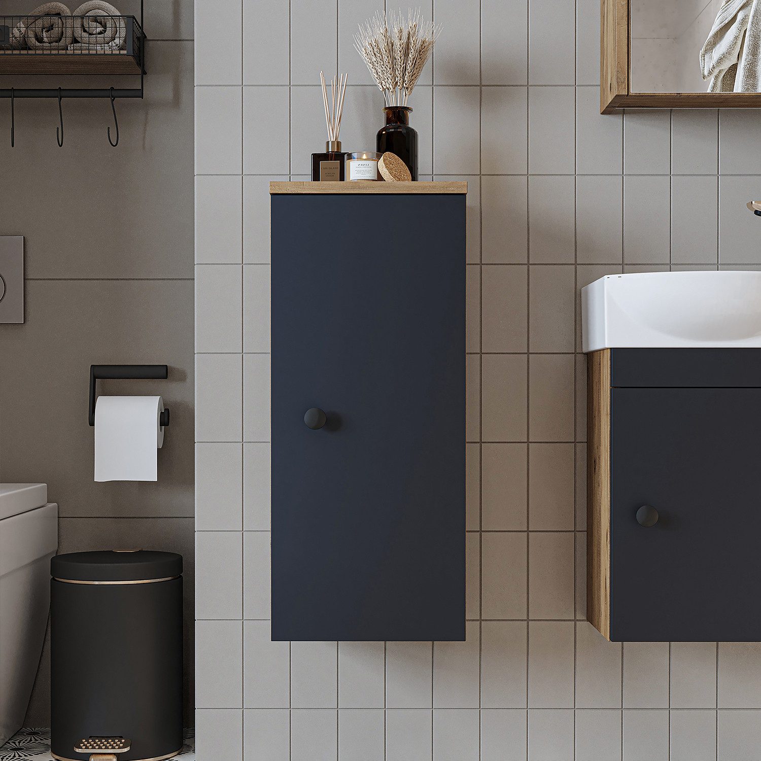 Roomart Badmöbel-Set PUNTO SET, 3-teilig – Soft-Close, Waschbecken & Seitenschrank, (Komplett-Set, Badmöbelset Unterschrank mit Waschbecken Badezimmer Möbel Gäste WC), Soft-Close, Seitenschrank, Spiegelschrank, Waschbecken