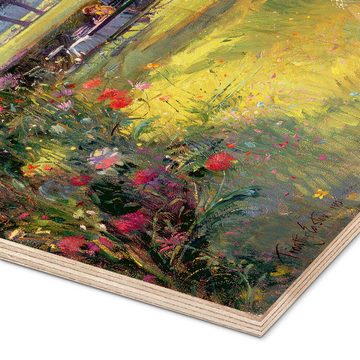 Posterlounge Holzbild Timothy Easton, Lesen im Garten, Landhausstil Malerei