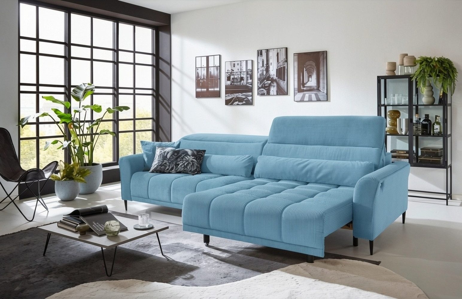 freiraum Big-Sofa Wolve, 2x elektr. Verstellung, Fein-Cord blau - 280x108x118cm (BxHxT)