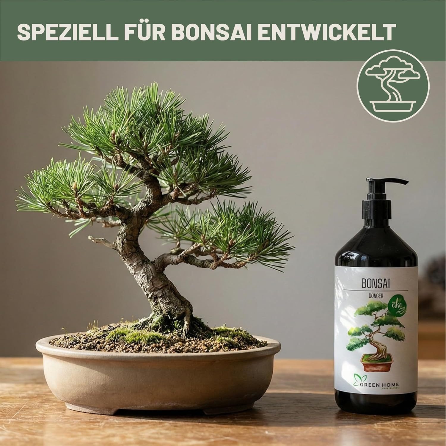 GREEN HOME LOVE NATURE Spezialdünger Bonsaidünger flüssig NPK 7+3+5 für Indoor- & Freilandbonsai, Bonsai, NPK 7+3+5, Spurennährstoffe, chelatiert, Dosierpumpe