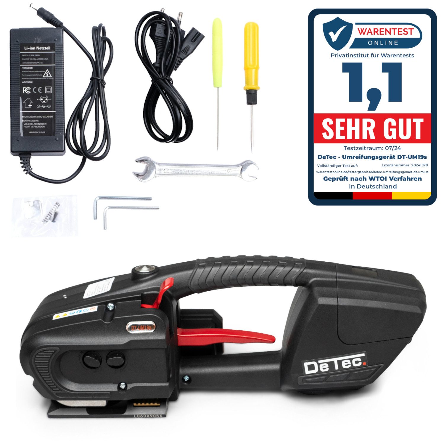 DeTec. Elektrowerkzeug-Set DT-UM19s Umreifungsgerät mit 2 Akkus + PP Umreifungsband 12mm 2300m, Bandspanner inkl. 2 Akkus und Umreifungsband