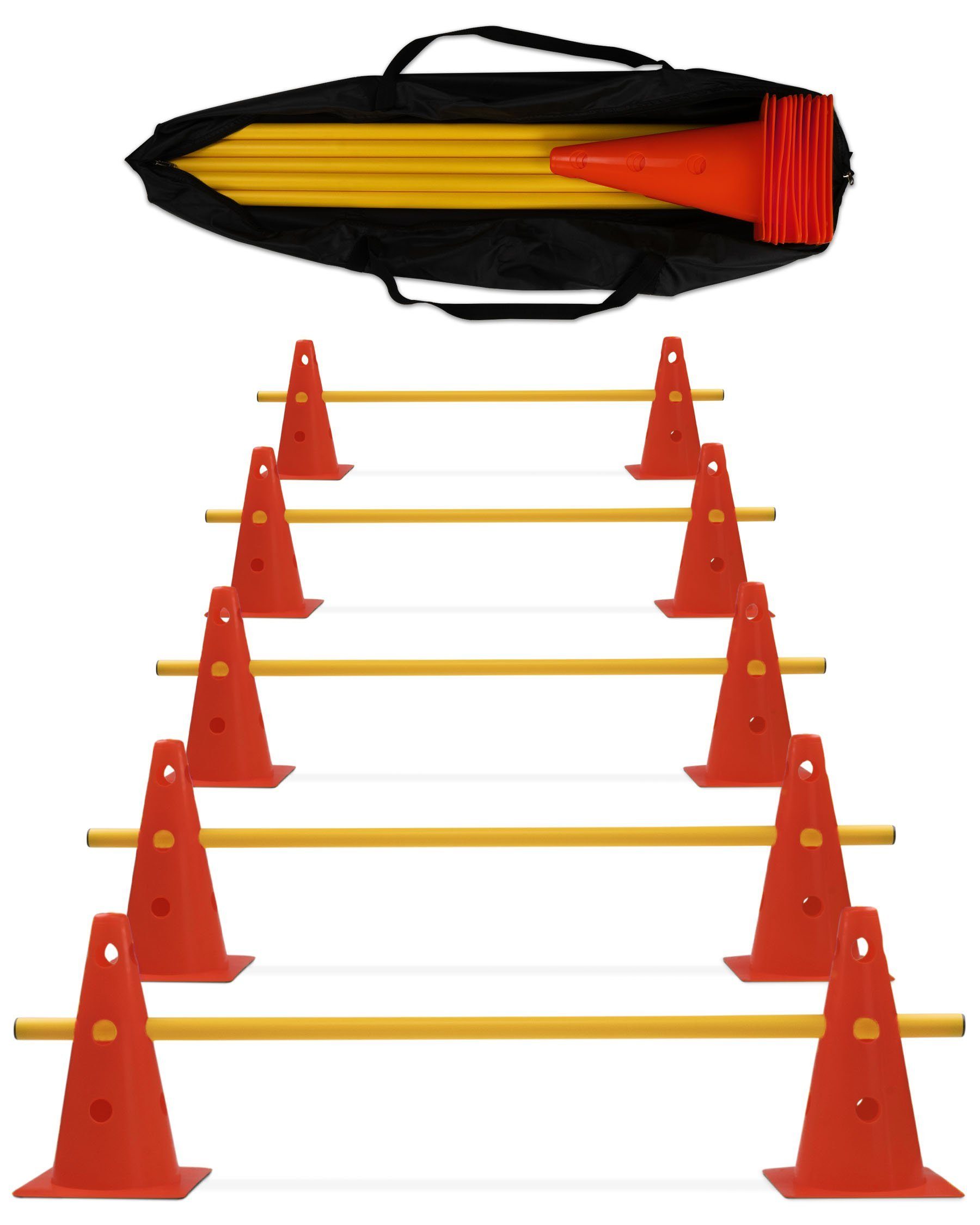 Superhund Agility-Hürde 5 x Cavaletti Kegelhürde mit Stange 100 cm und Tragetasche Farbe Rot/G, Kunststoff