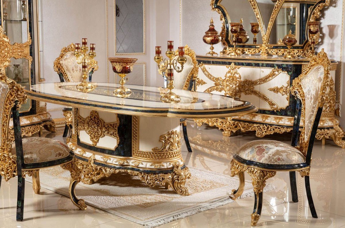 Mehrfarbig Esszimmerstuhl Muster Set Barock Esszimmer Edel Blau 6er Möbel / - elegantem Küchen Handgefertigtes Gold & Stühle Padrino Barock Prunkvoll - Esszimmerstuhl Set / Luxus Casa mit -