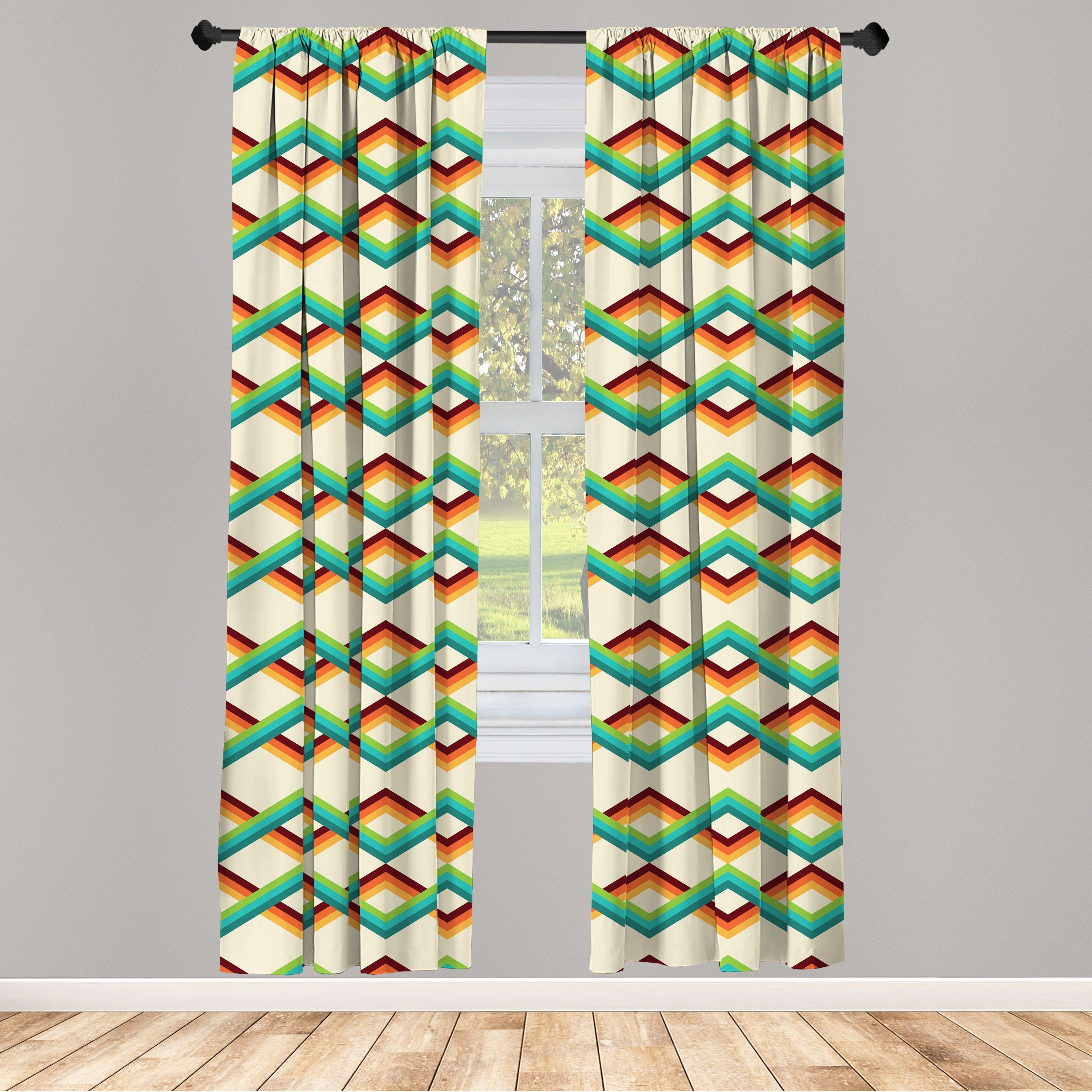 Gardine Abstrakt Wohnzimmer Abakuhaus, bunte Retro Streifen Dekor, Vorhang für Schlafzimmer Microfaser,