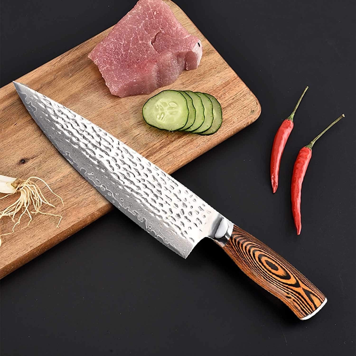 Muxel Kochmesser Küchen-Messer für den Chefkoch Hammerschlag Carbon V10 Edelstahl Kohle