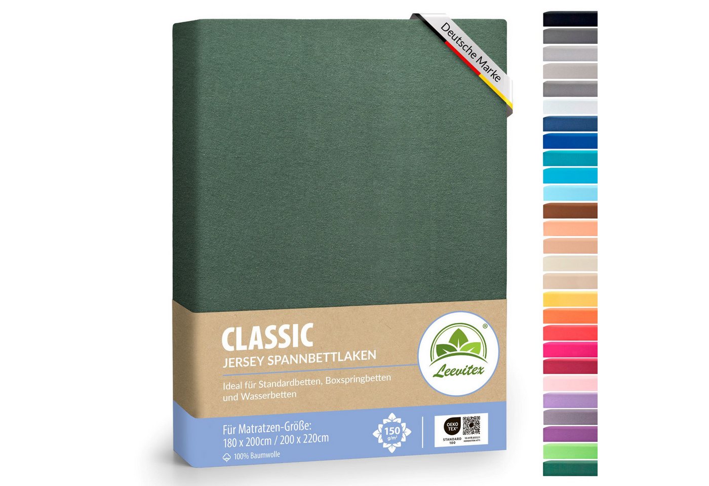 leevitex® Spannbettlaken 180x200 - 200x220 cm, 40 cm Steghöhe, Stoffdicke 150 g/m², Jersey, Gummizug: rundum, (1 Stück), OEKO-TEX® Standard 100 Zertifikatsnummer 10.HTR.85321 zertifiziert