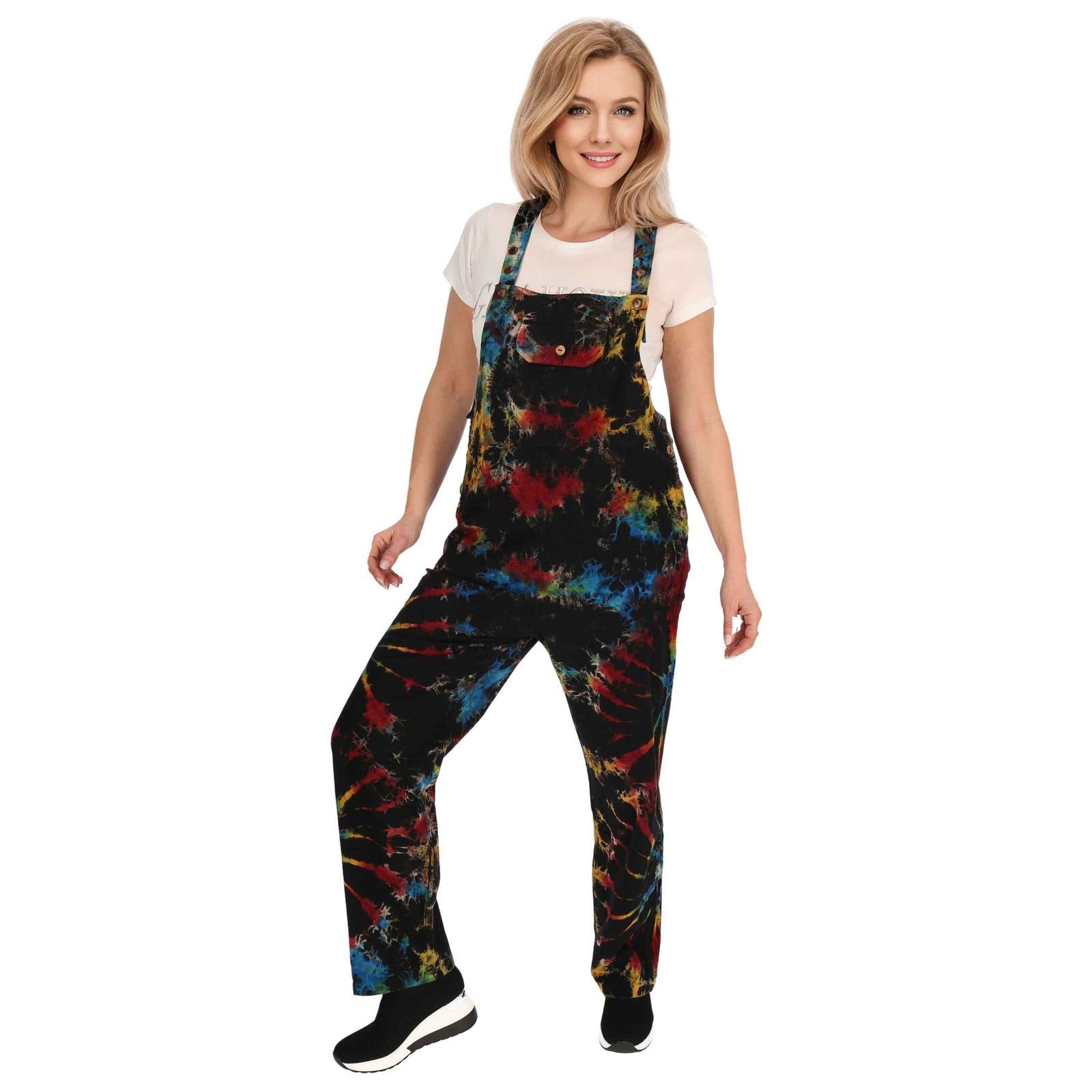 KUNST UND MAGIE Boho 70er Tie Hose Haremshose Dye Latzhose Bunt Jumpsuit Latzhose Batik Mehrfarbig Psy