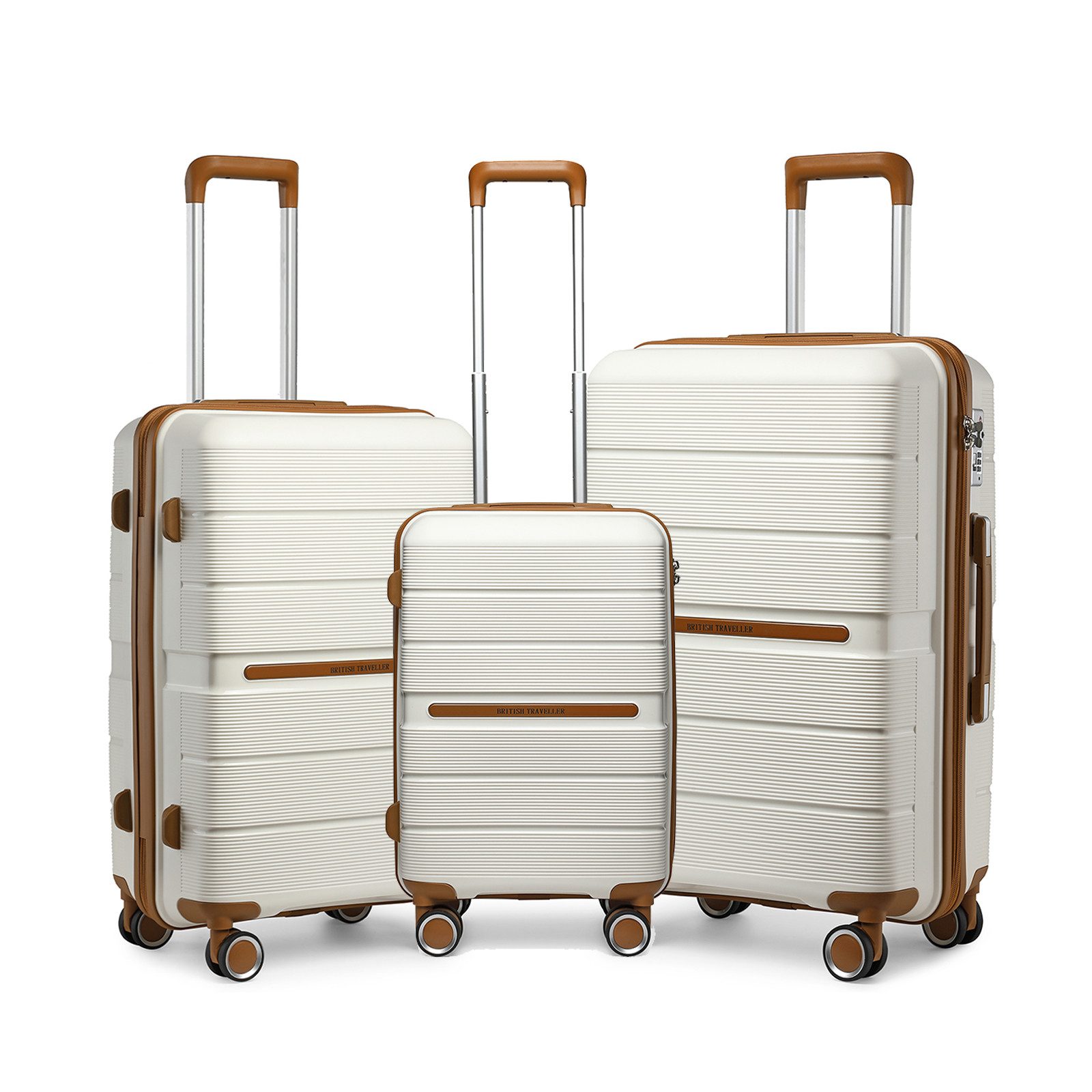 British Traveller Handgepäck-Trolley Reisekoffer Hartschalenkoffer aus 100% PP 8 Spinnerräder, TSA-Schloss